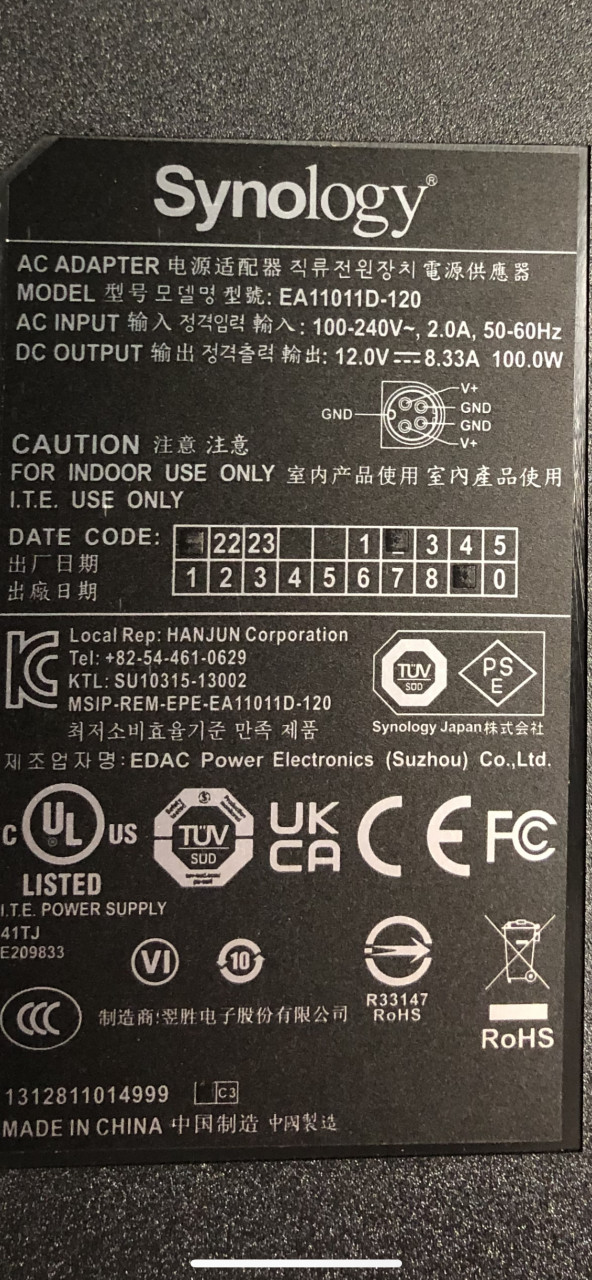 Pinout of failed Synology power supply shown on label